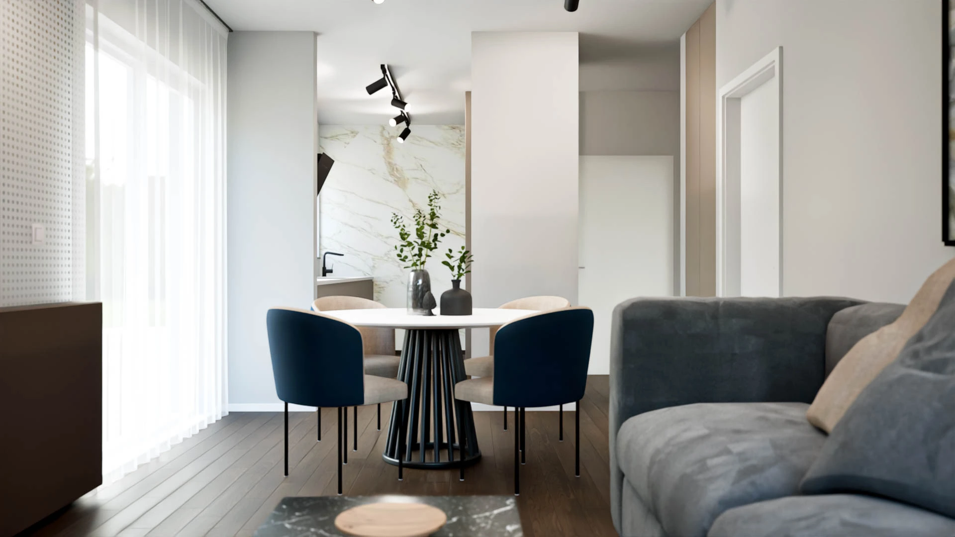 Modern apartment interior with sleek furniture, minimalist design, and realistic 3D visualization showcasing natural light